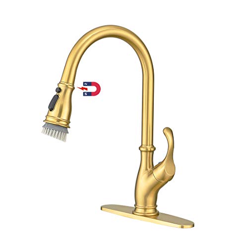 2021 Newest Kitchen Faucet,Gold Kitchen Faucet with Sprayer,Single Handle Commercial High Arc Single Handle Brushed Gold Kitchen Sink Faucets with Deck Plate
