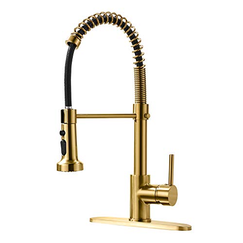 AIMADI Gold Kitchen Faucet with Pull Down Sprayer,Commercial Single Handle Brushed Gold Kitchen Sink Faucet with Deck Plate