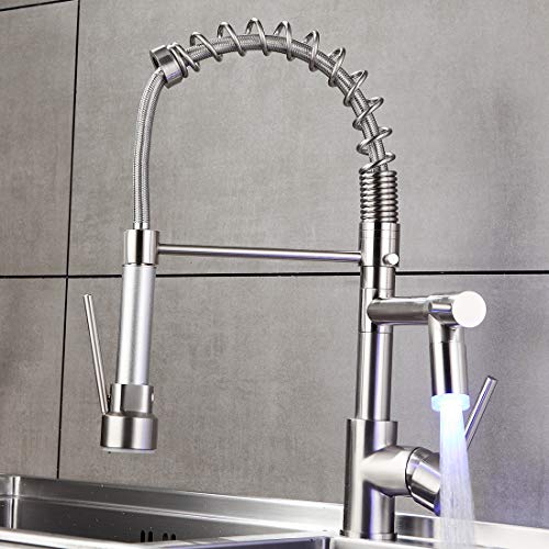 AIMADI Commerical Kitchen Faucet with Sprayer,Single Handle Pull Down Sprayer Kitchen Sink Faucet with LED Light Two Spout,Brushed Nickel