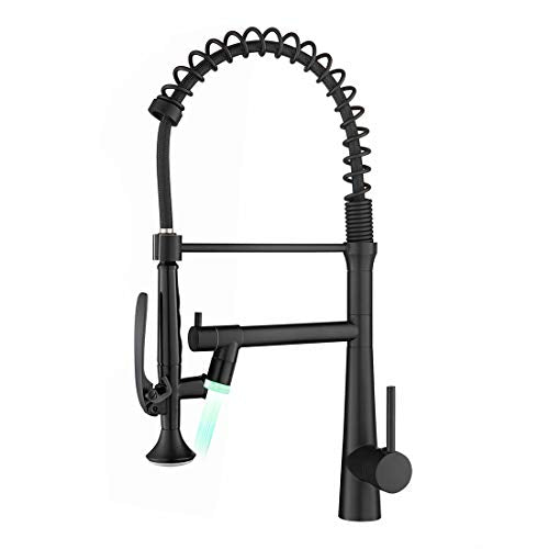 AIMADI Black Kitchen Faucet with Sprayer - Commercial Faucet Kitchen Single Handle Spring Pull Down Kitchen Sink Faucet with LED Light,Matte Black