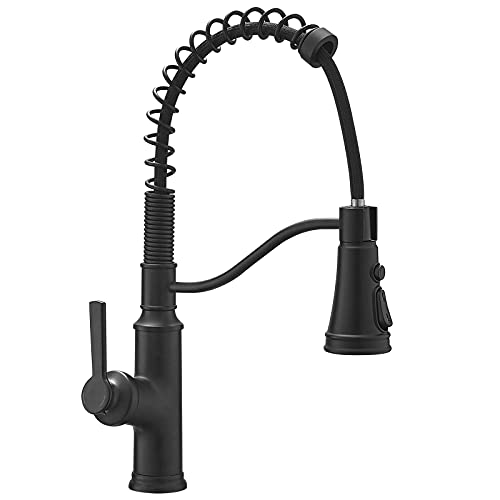 AIMADI Kitchen Sink Faucet Single Handle One Hole Spring Black Kitchen Faucets with Pull Down Sprayer,Matte Black