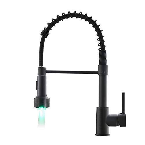 AIMADI Kitchen Faucet with Sprayer, Modern Single Handle Pull Down Sprayer Spring Matte Black Kitchen Sink Faucet with LED Light