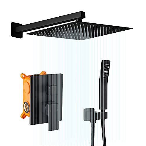 AIMADI Shower Faucets Sets Complete Black,Wall Mounted 10 Inches Rainfall Shower Head and Handle Set System Matte Black Finish Shower Faucet Contain Rough-in Valve Body and Trim