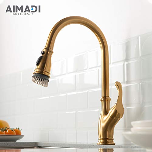 2021 Newest Kitchen Faucet,Gold Kitchen Faucet with Sprayer,Single Handle Commercial High Arc Single Handle Brushed Gold Kitchen Sink Faucets with Deck Plate