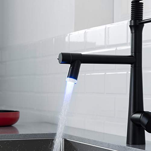 AIMADI Black Kitchen Faucet with Sprayer - Commercial Faucet Kitchen Single Handle Spring Pull Down Kitchen Sink Faucet with LED Light,Matte Black