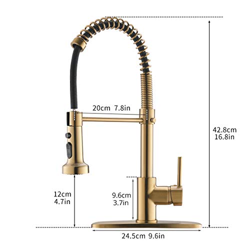 AIMADI Gold Kitchen Faucet with Pull Down Sprayer,Commercial Single Handle Brushed Gold Kitchen Sink Faucet with Deck Plate