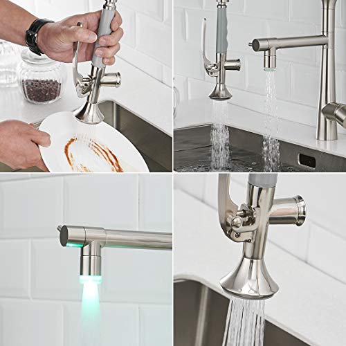 AIMADI Pull Down Kitchen Faucet with Sprayer,Commercial Single Handle Stainless Steel Brushed Nickel Kitchen Sink Faucet with LED Light