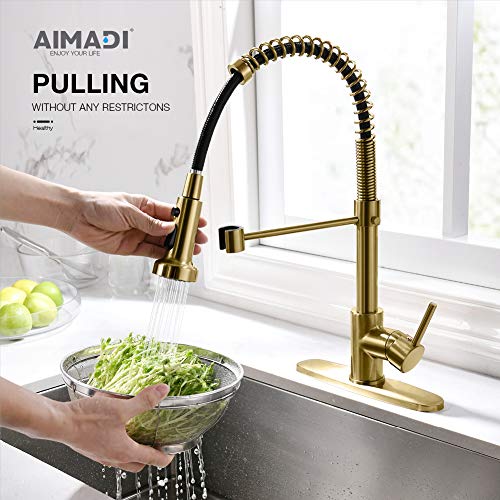 AIMADI Gold Kitchen Faucet with Pull Down Sprayer,Commercial Single Handle Brushed Gold Kitchen Sink Faucet with Deck Plate