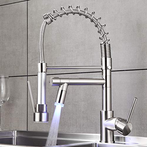 AIMADI Commerical Kitchen Faucet with Sprayer,Single Handle Pull Down Sprayer Kitchen Sink Faucet with LED Light Two Spout,Brushed Nickel