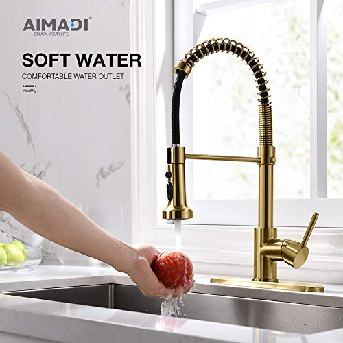 AIMADI Gold Kitchen Faucet with Pull Down Sprayer,Commercial Single Handle Brushed Gold Kitchen Sink Faucet with Deck Plate